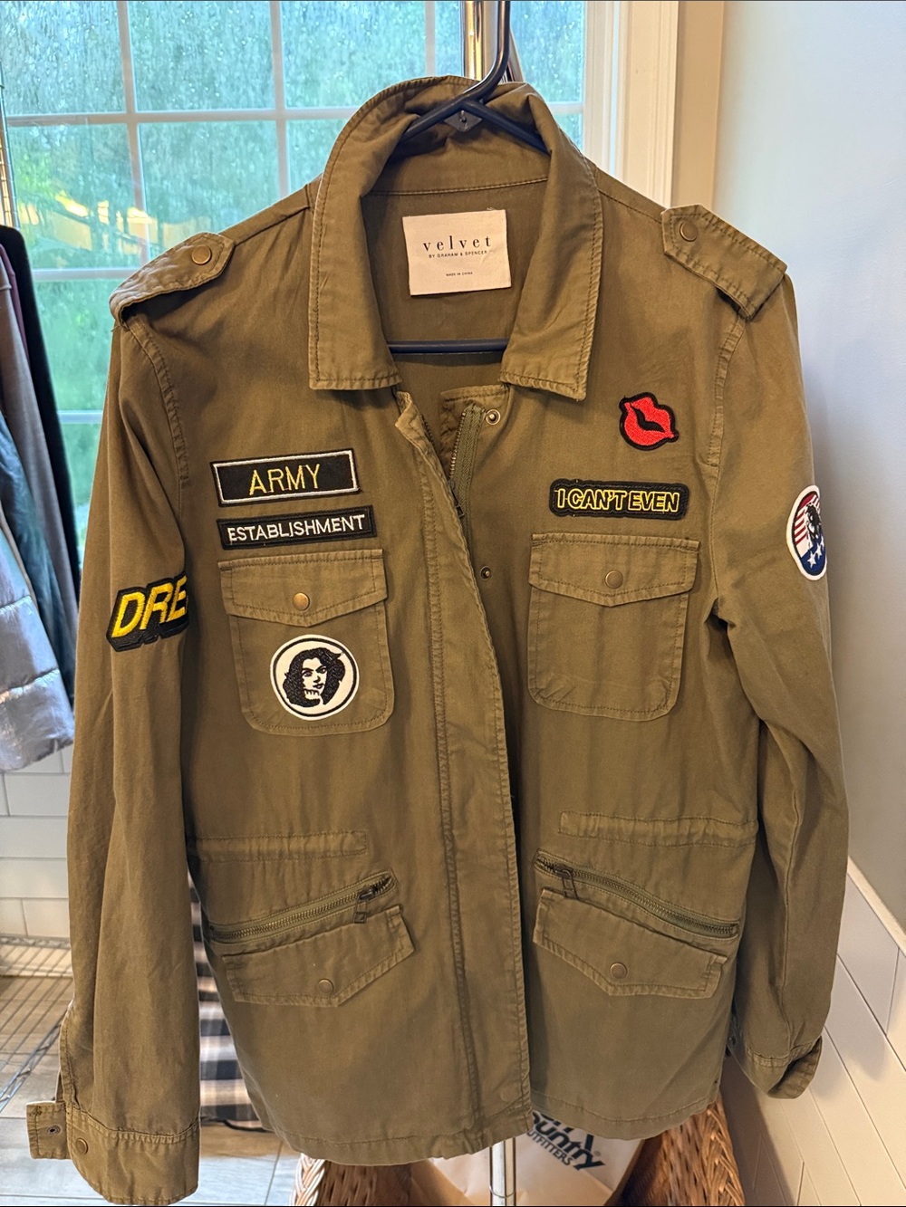 Velvet Olive Green Patchwork Utility Jacket